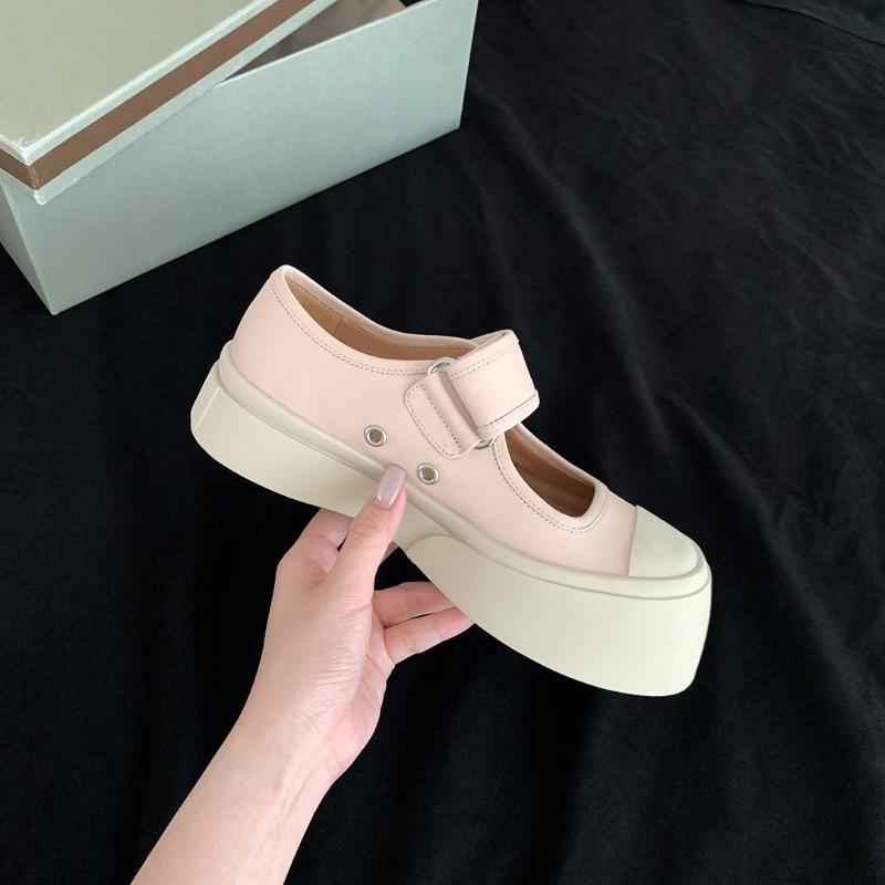 Cowhide Version~ Velcro Color Matching Little White Shoes Muffin Platform Casual Mary Jane Shoes Women's Big Head Shoes