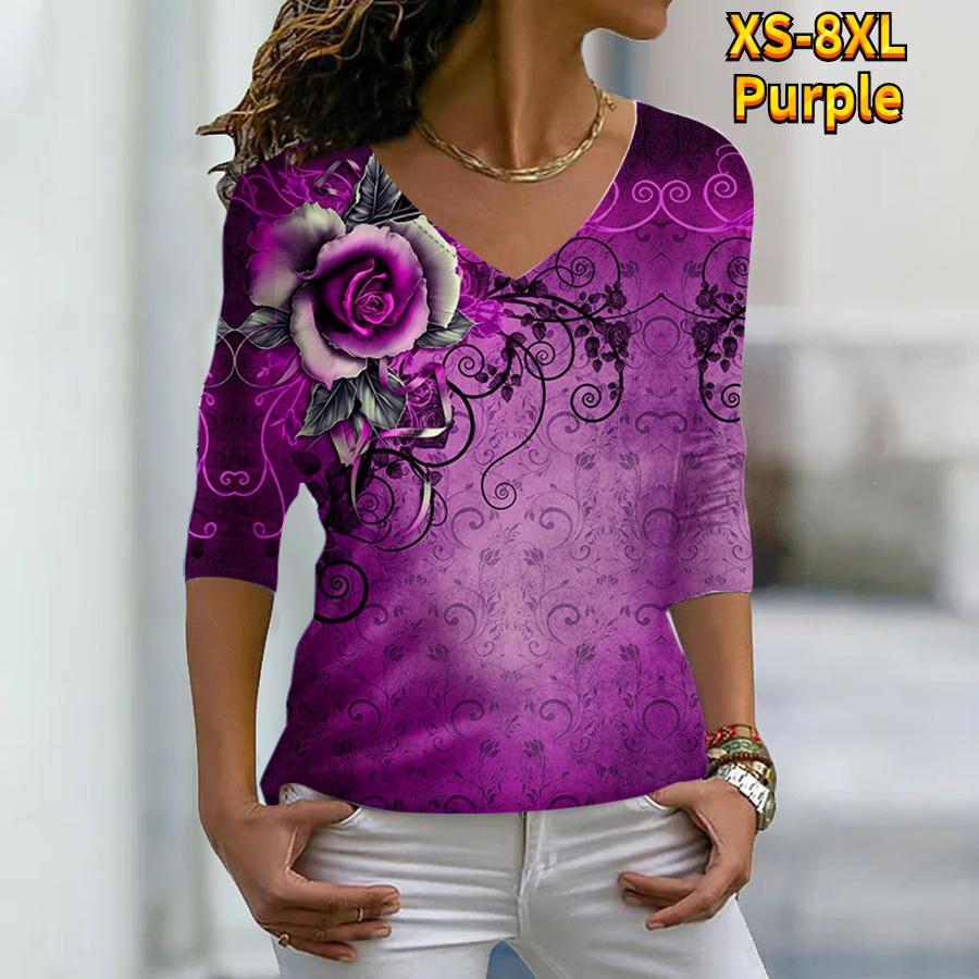 Женские осенние футболки с длинными рукавами с цветочным принтом «Роза на груди», свободные футболки с v-образным вырезом размера плюс, топы, удобная блузка