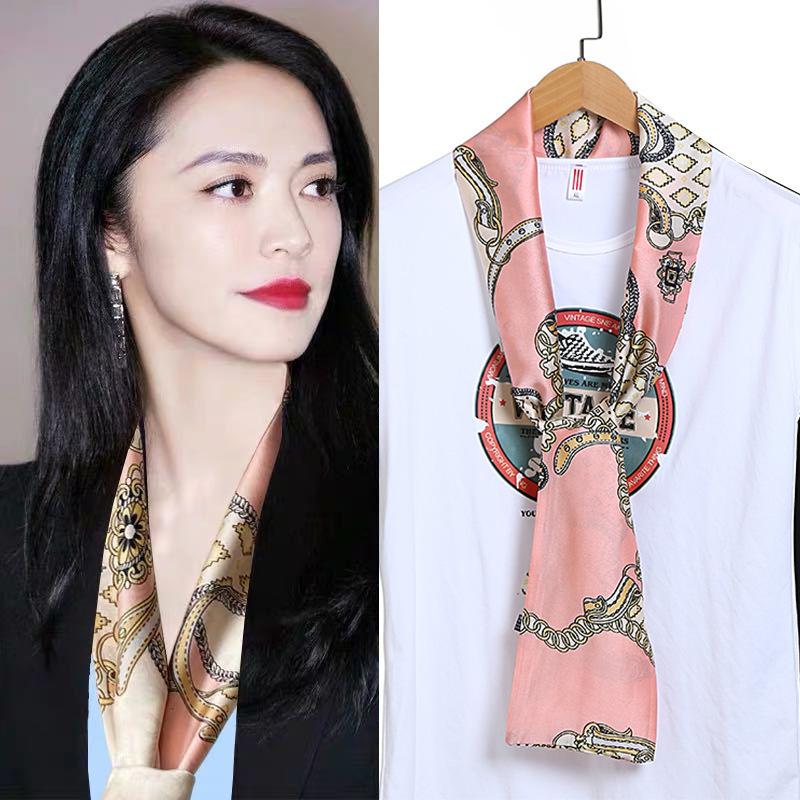 Шарф из искусственного шелка, сезонный маленький шарф, повязка на голову, длинный шарф, универсальный женский шарф с завязками