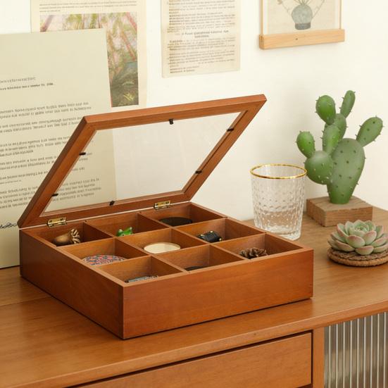 Деревянный ящик для хранения с 9 отделениями, коробка для коллекции камней с прозрачной акриловой крышкой, ретро-кейс для хранения ювелирных изделий, кристаллов и мелких предметов коллекционирования