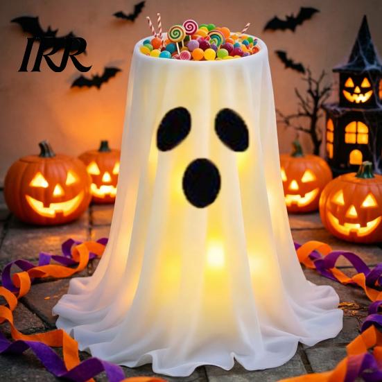 Trick or Treat Candy Table Halloween Decoration with 8-Mode Remote Control LED Light, Ghost Bowl Holiday Storage Tripod Stand, Cute Holder