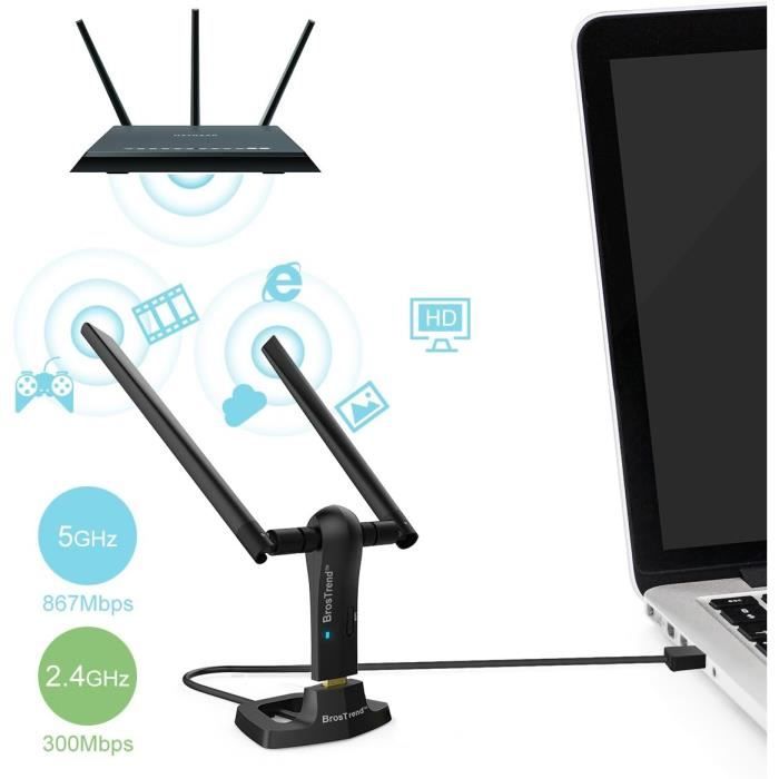 Clé WiFi - BrosTrend - AC1200 Mbps - USB 3.0 - 2 Antennes 5 dBi - Compatible Windows 11/10/8/7