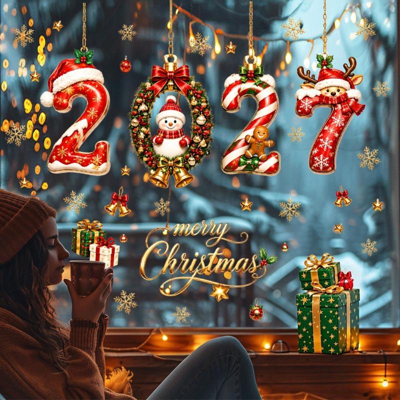 Christmas Static Cling Gingerbread Number Decals 2027 New Year Window Stickers for DIY Holiday Home Party Decorations