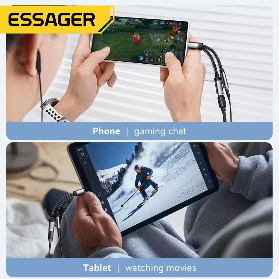 Essager 2 в 1 Type C на 3,5 мм AUX кабель адаптер для наушников PD 60 Вт быстрая зарядка для iPhone 16 15 Samsung Xiaomi 14 13 планшетных ПК