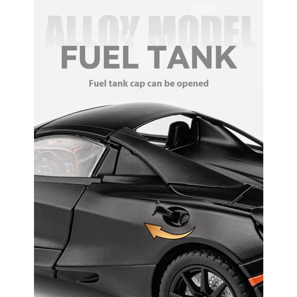 Модель спортивного автомобиля McLaren 720S Alloy Sport Car 1/24 с четырьмя колесами и функцией амортизации, подойдет в качестве подарка на праздник для детей