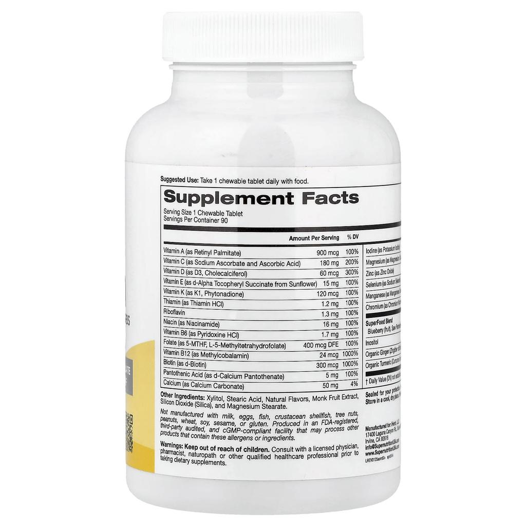 Super Nutrition, SimplyOne® Chewable Multivitamin + Health Boosting Herbs for Men Over 50, Mixed Berry Flavor, 90 Chewable Tablets