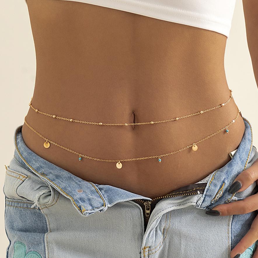 Ingemark 2Pcs/Set Boho Minimalism Waist Beads Chain for Women Summer Bikinis Vintage Geometric Sequins Belly Belt Body Jewelry
