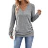 Women Tops V-Neck Long Sleeve Side Buttons Decor Casual Pullover Tops Solid Color Spring Autumn Blouse