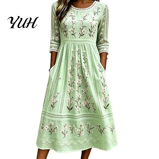 Elegant Daily Wear for Work Dating Autumn Floral Midi Dress Women, Long Sleeve Bohemian A Line Slimming Waist Cinching Dress, Vintage Waist-Cinching