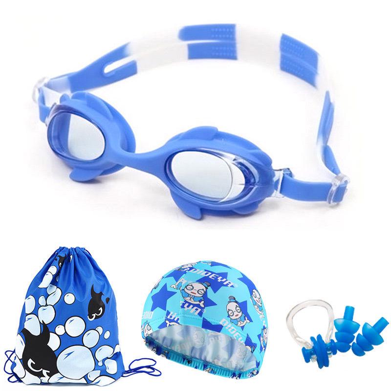 Детский набор очков для плавания с мультяшным крабом – Водонепроницаемые линзы с защитой от запотевания для мальчиков и девочек, набор из четырех предметов
