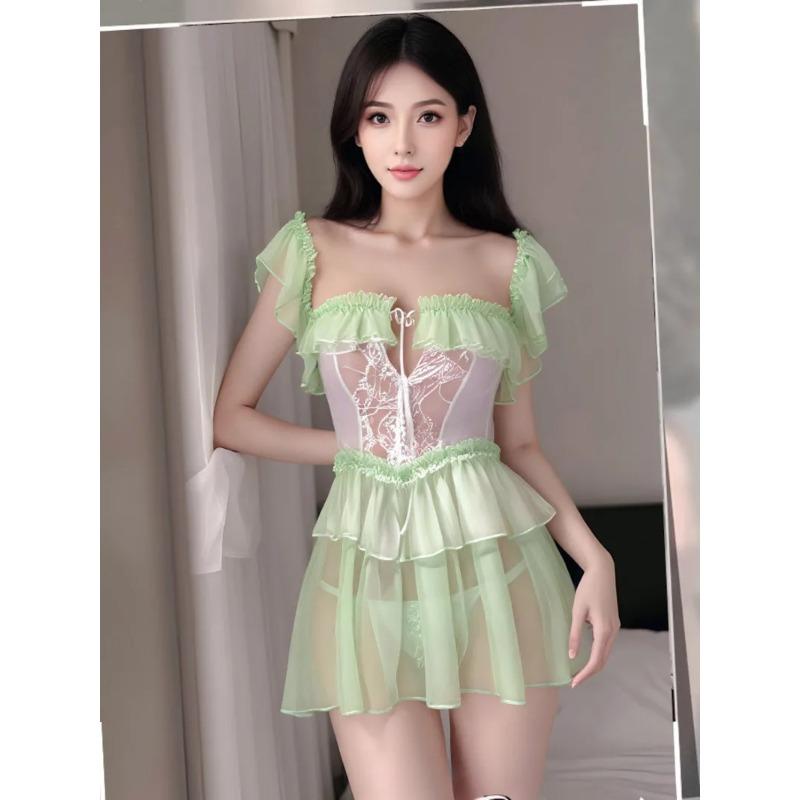 New Sexy Sexy Pure Desire Summer Sweet Girl Hip-revealing Strap Transparent Dress Elegant Nightdress Green Sweet Mini Dress 18J6