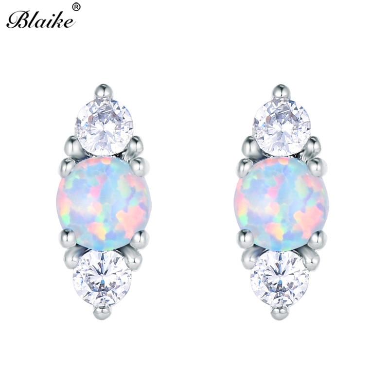 Серьги из стерлингового серебра 925 пробы, круглые, белые, синие серьги с огненным опалом для женщин, маленькие серьги с цирконом, двойные серьги, женские украшения