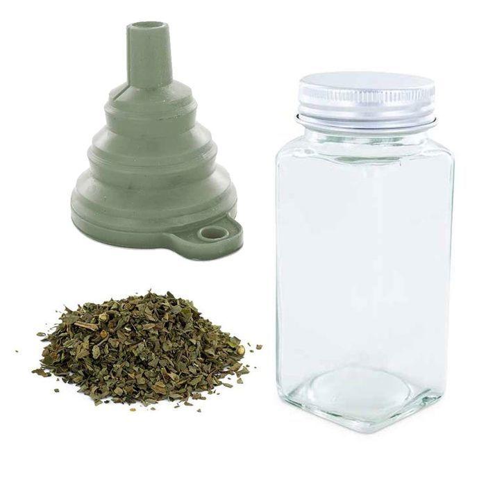 Flacon à épices poudreur + entonnoir + basilic bio 15 g