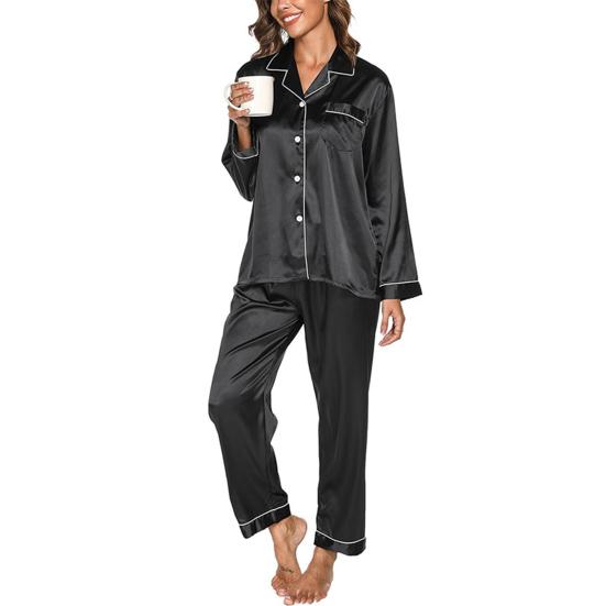 2 шт./комплект пижамный костюм атласный однобортный кардиган рубашка V-образный вырез воротник однотонная рубашка