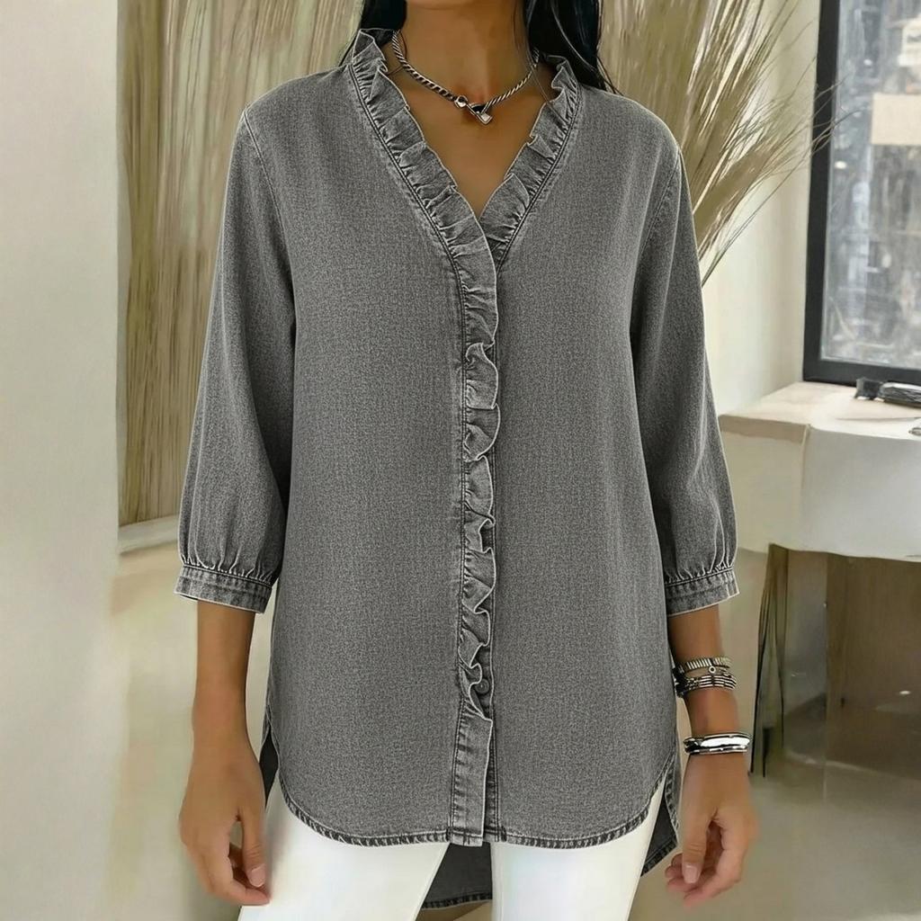 Женская модная повседневная джинсовая блузка с V-образным вырезом и оборками