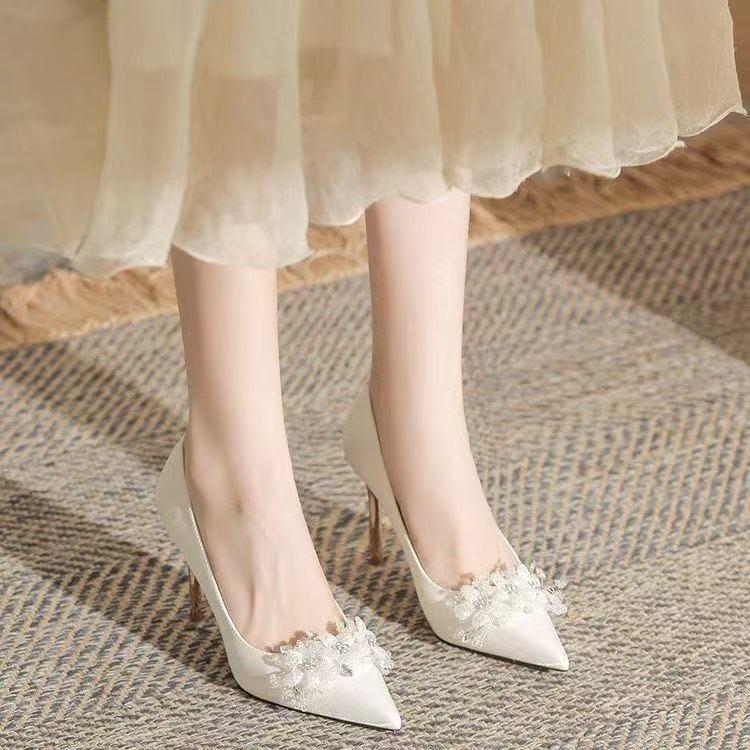 Sweet Leisure Women Pumps Sexy Slip On Thin High Heels Pointed Toe Party Wedding Women Shoes Solid Flower Crystal Summer Shoes