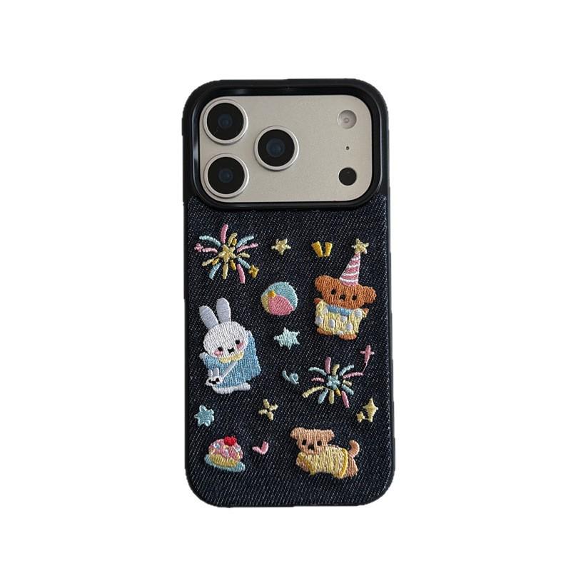 Креативный джинсовый чехол для iPhone с вышивкой кота и снеговика для 17, 16 Pro Max, 15, 14