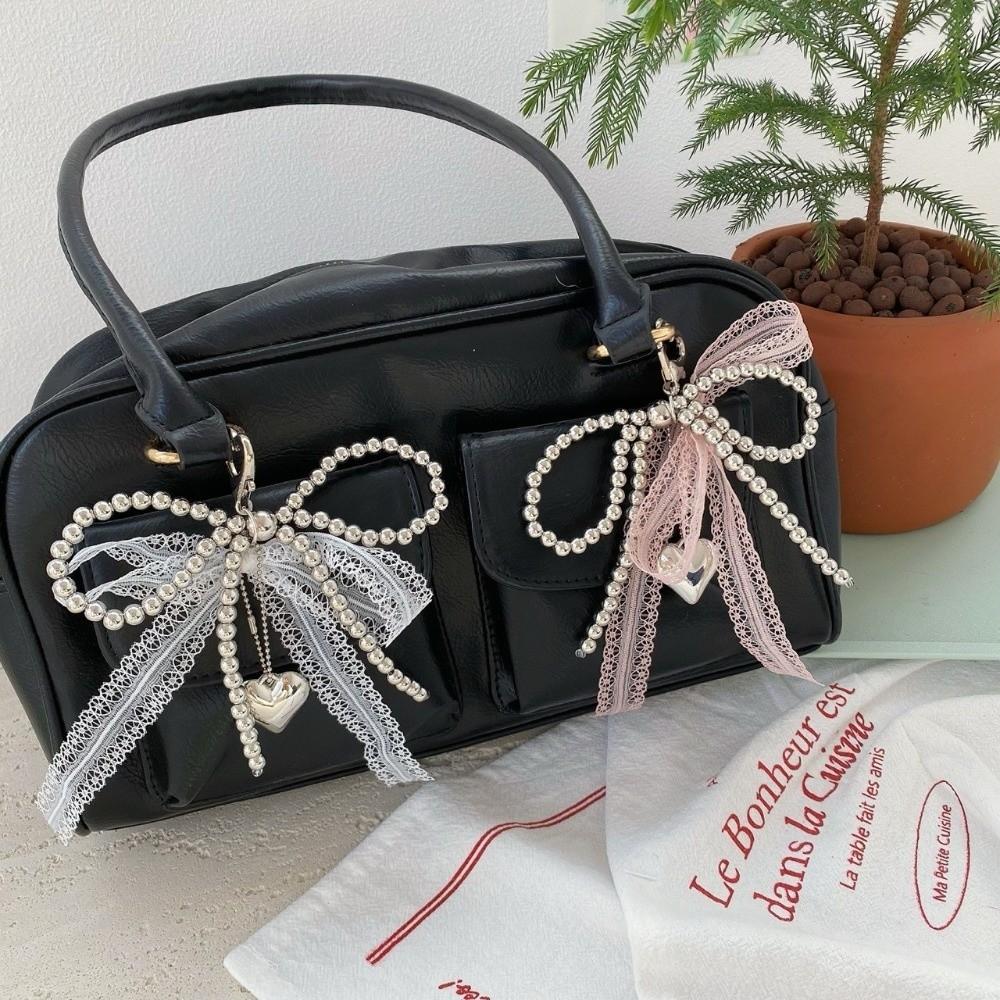 Sweet Lace Bowknot Keychain Imitation Pearls Beaded Pendant Keyring  Backpack Accessory
