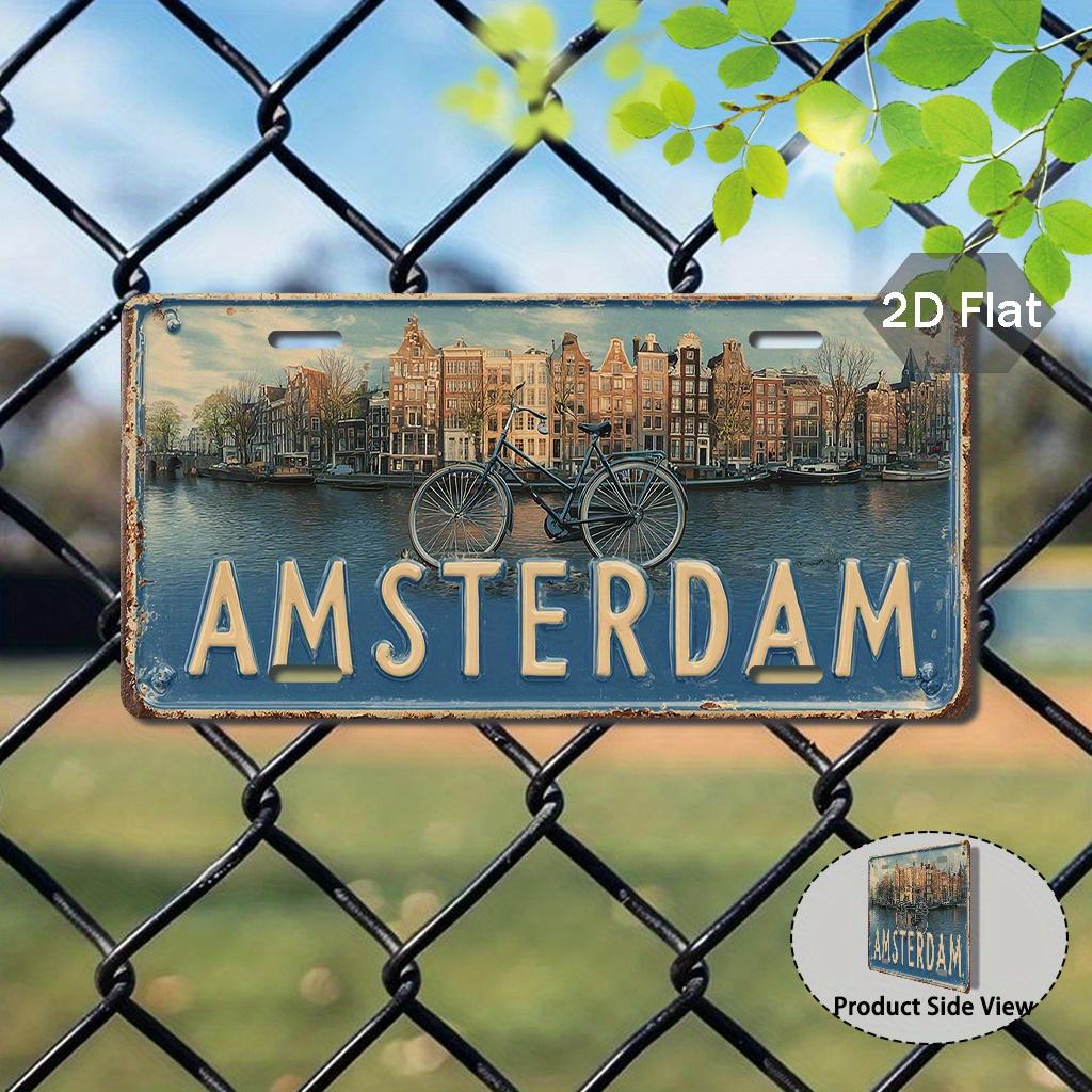 D Flat pc Vintage Amsterdam Decorative Sign Dutch Retro Car Number Plate With Black Chain Large HeavyDuty MetalLike