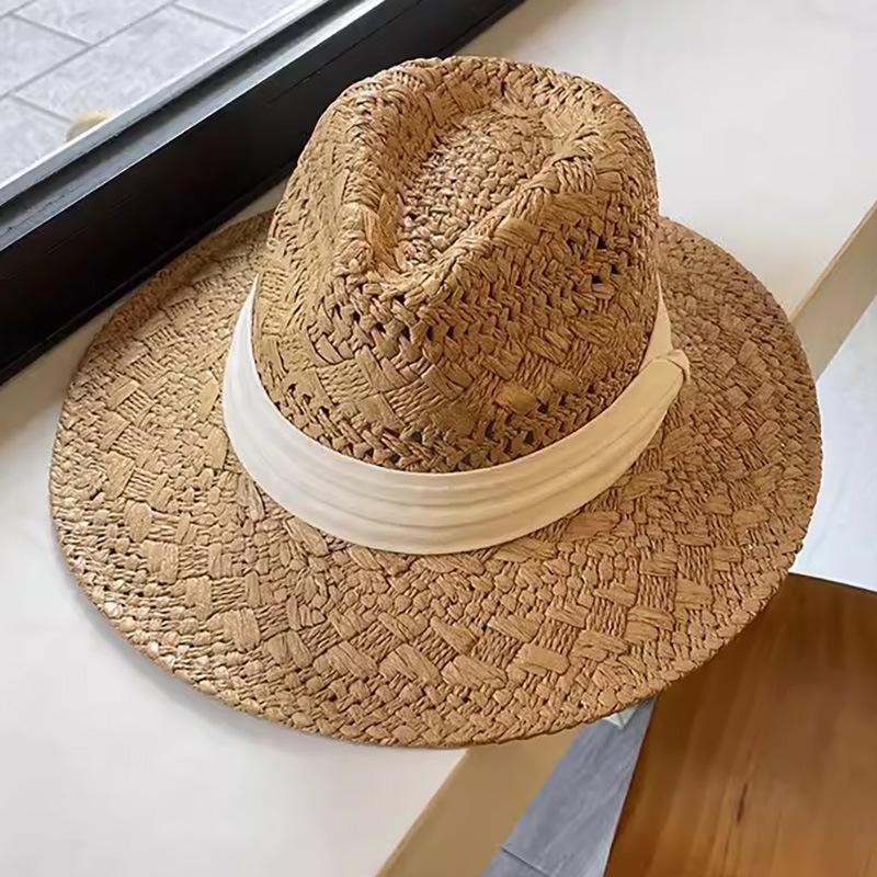 Designer French-style vacation straw hat, summer Panama top hat, beach outing, trendy sun hat, sun-protective hat