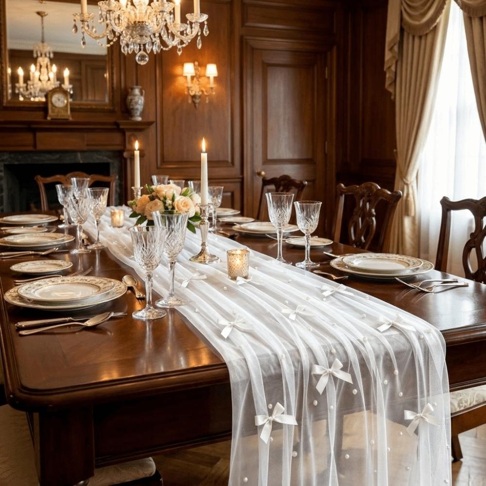 Romantic Bow Pearl Chiffon Runner Semi-Transparent Gauze Tablecloth Tulle Table Runner Wedding