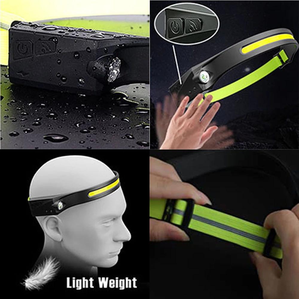 COB+XPE LED Sensor Headlight Built-in Battery USB Rechargeable Headlamp 5 Lighting Modes Bike Camping Light