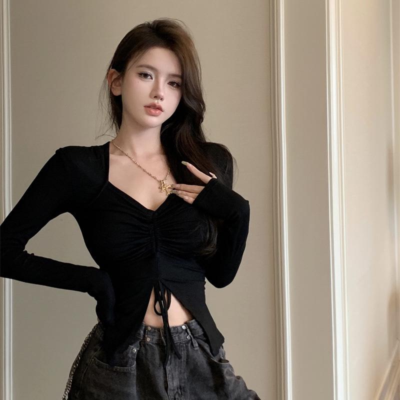 Women's Slim-Fit Black Navel-Baring Long-Sleeve Drawstring Top