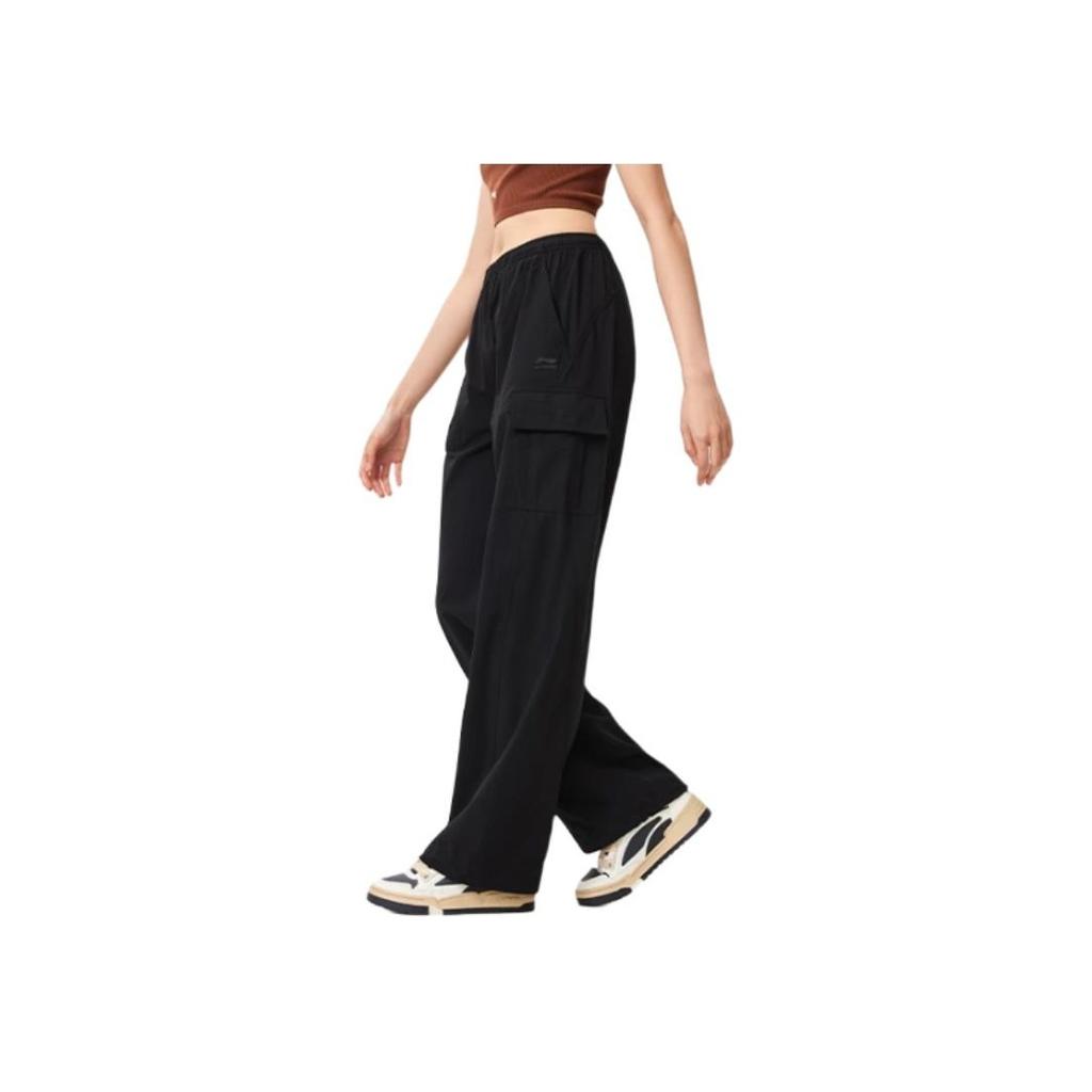 Li Ning Mid Waist Straight Loose Fit Solid Color Casual Pants Women Bottoms Black AYKU638-3