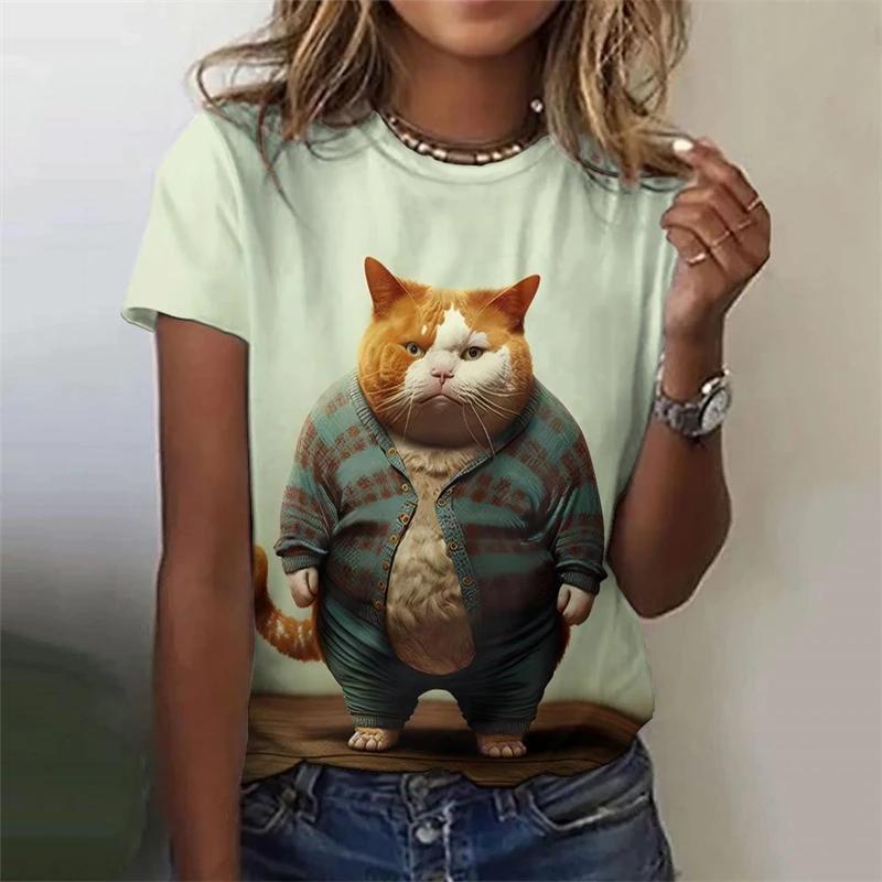 Летний топ с круглым вырезом и принтом 3D Funny Fat Cat, модные повседневные женские футболки с короткими рукавами