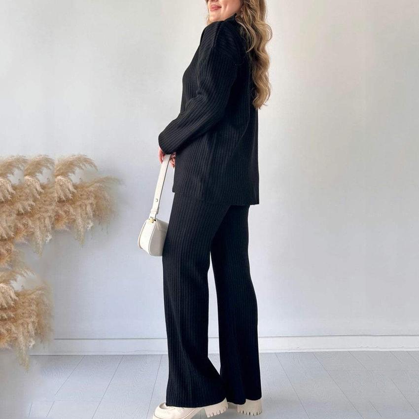 Теплый зимний свитер с высоким воротом, ребристый, однотонный, на молнии, с широкими штанами, комплект из 2 предметов для отдыха для женщин на осень 2024 года, мягкий, уютный наряд