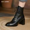 2024 Classic Women Ankle Boots Mature Thick High Heels Round Toe Office Lady Cross-Tied Genuine Leather Shoes Woman Basic Boots