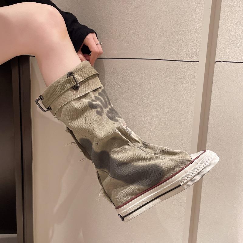 2024 Новые брюки Barrel Stacking Boots Graffiti High Top Canvas Shoes Женские весенние сапоги Wide Barrel Mid Barrel Boots