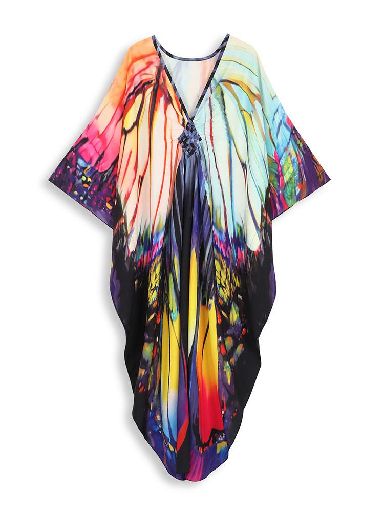 EDOLYNSA Plus Size Multicolor Printed Kaftan Dress For Women Outfit Boho Vacation V-neck Split Robe Summer Beachwear Swimsuit Cover Up Q1588