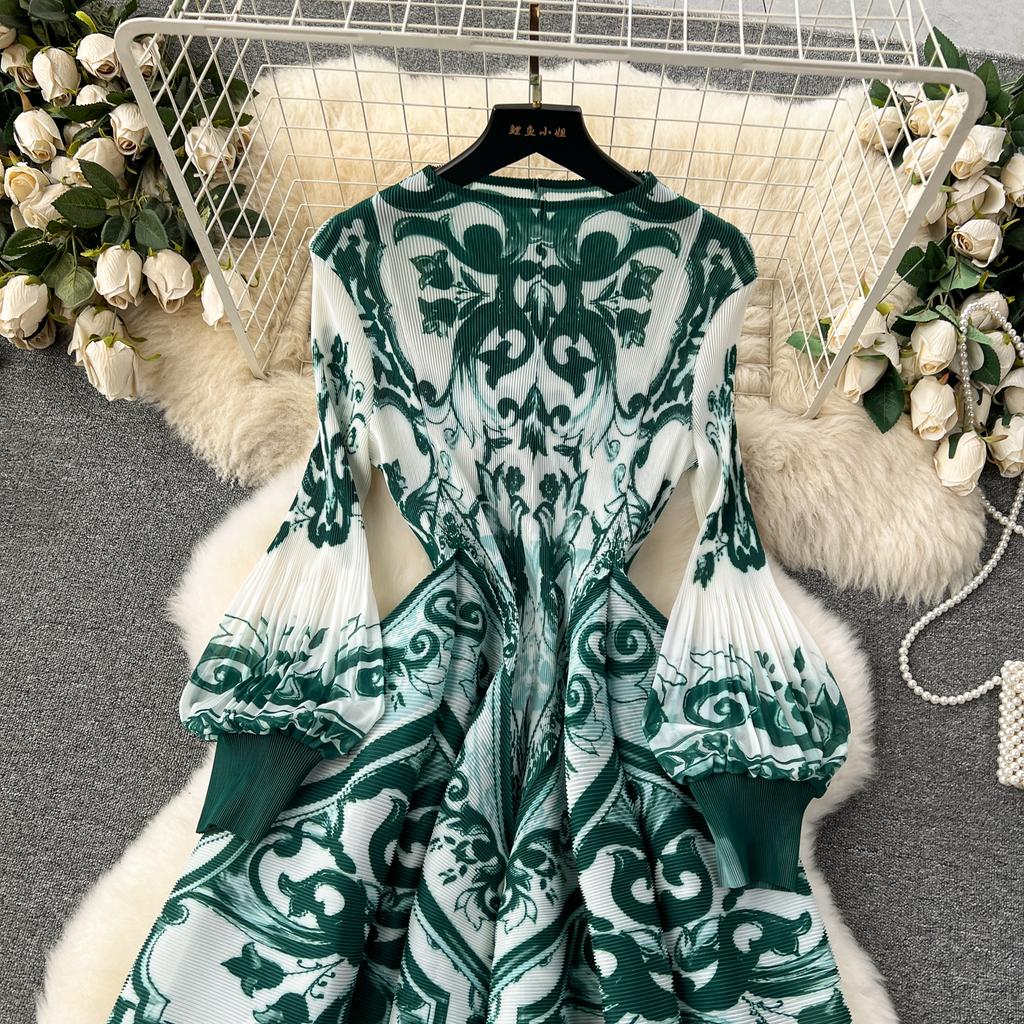 French Senior Temperament Luxury Dress Ladies 2024 Newest O-Neck Ruched Print Tie Dye Design Fashion Chic Long Dress