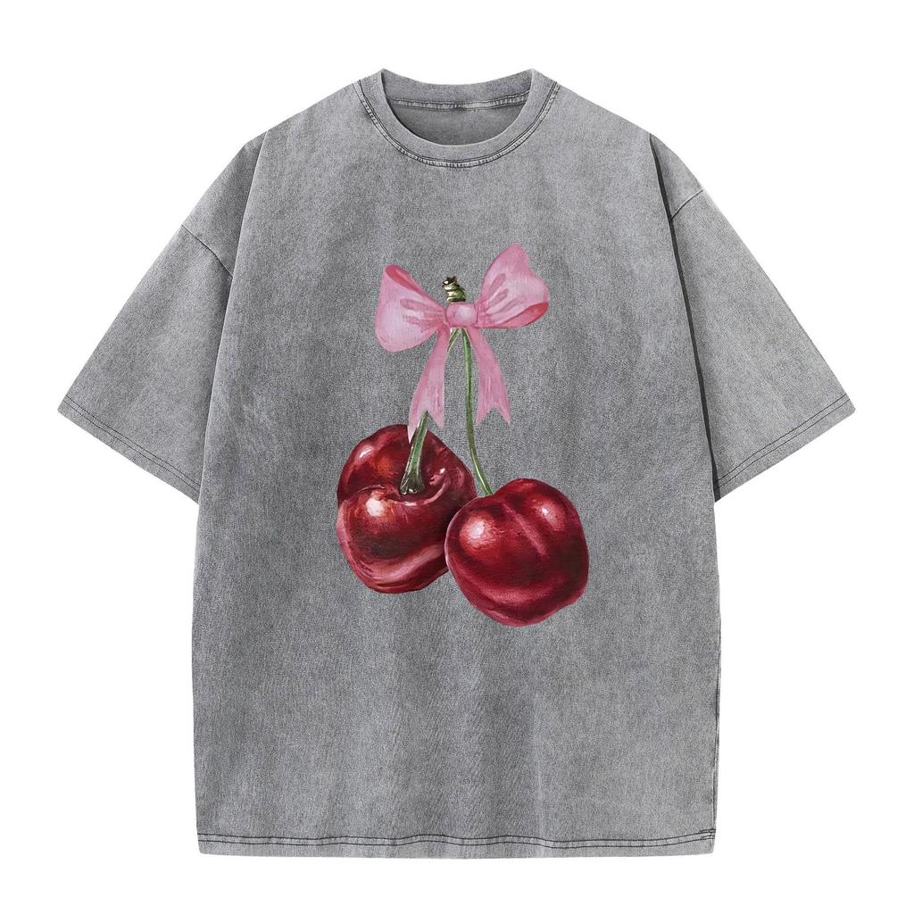 Womans Cotton Washed T-Shirts Fashion Distressed Loose Tee Shirts Carefully Packaged Cherries Prints Tops Casual Female Clothes