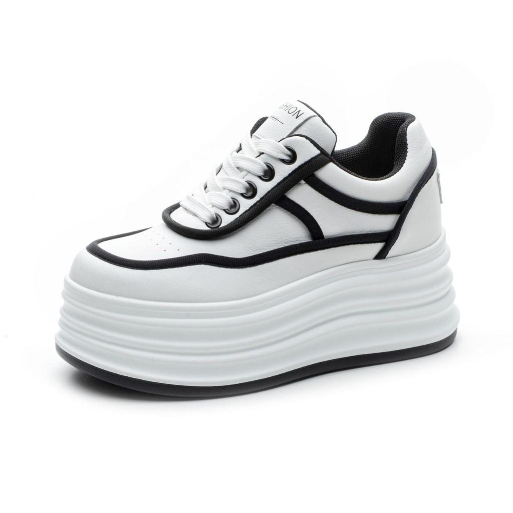 Модные 8 см Модные кроссовки на платформе Женские Весенне-осенние Удобные С круглым носком На шнуровке На толстой подошве Черные Белые Повседневные Спортивные туфли