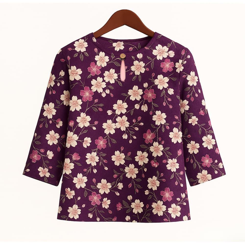 Casual Blouse, Vintage Style, For Women, Floral Print, O Neck, Three Tribal Sleeves, Elegant Loose Top, Made of Elastic Hem