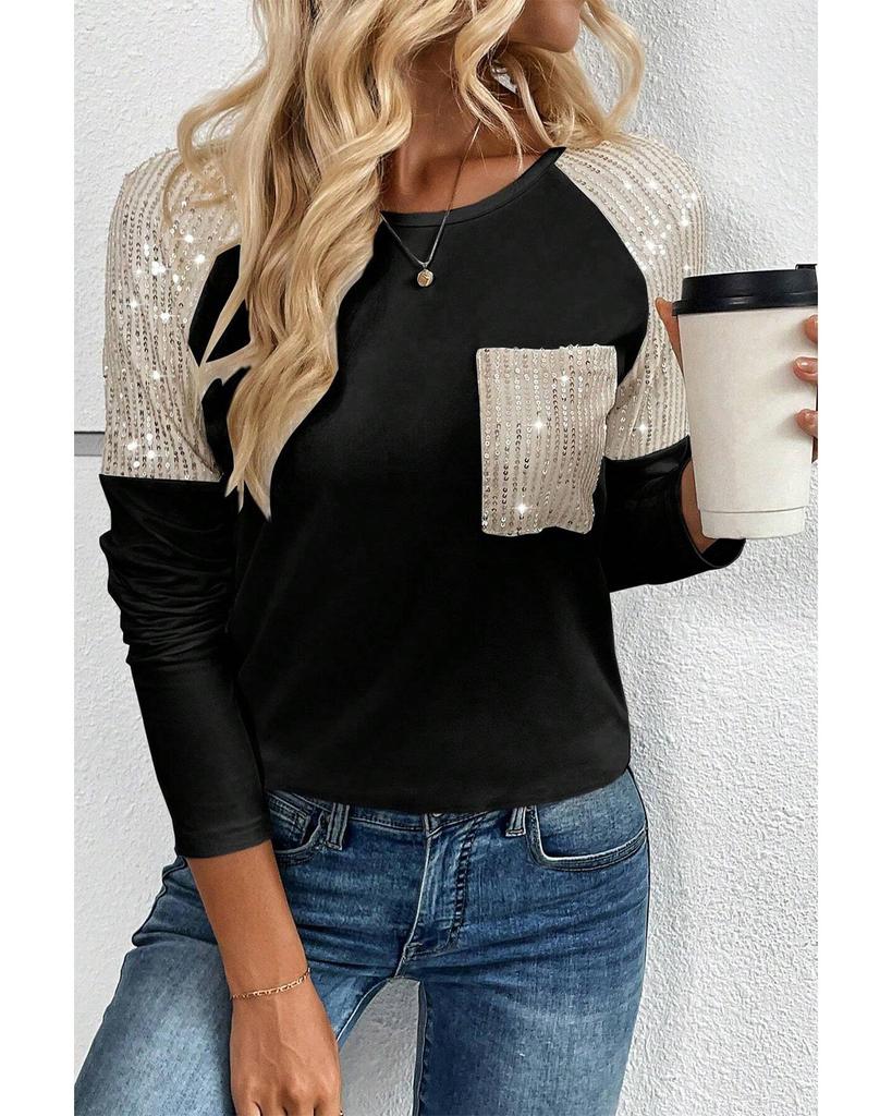 Azura Exchange Черный топ с накладными пайетками и нагрудным карманом с рукавами реглан