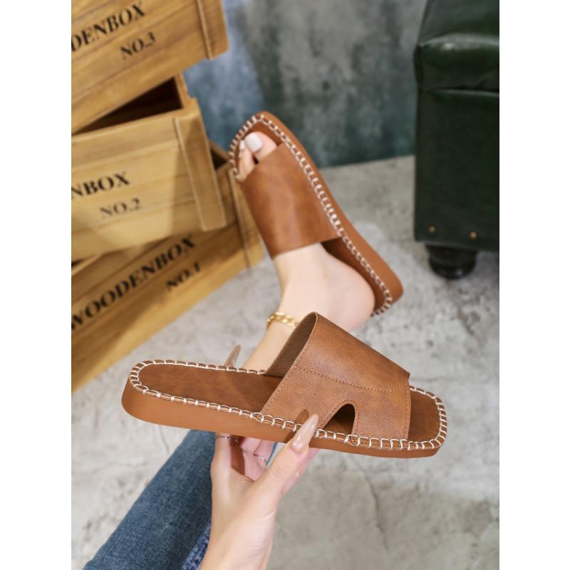 Летние новые плоские туфли с квадратным носком и одним словом, женские уличные сандалии, тапочки