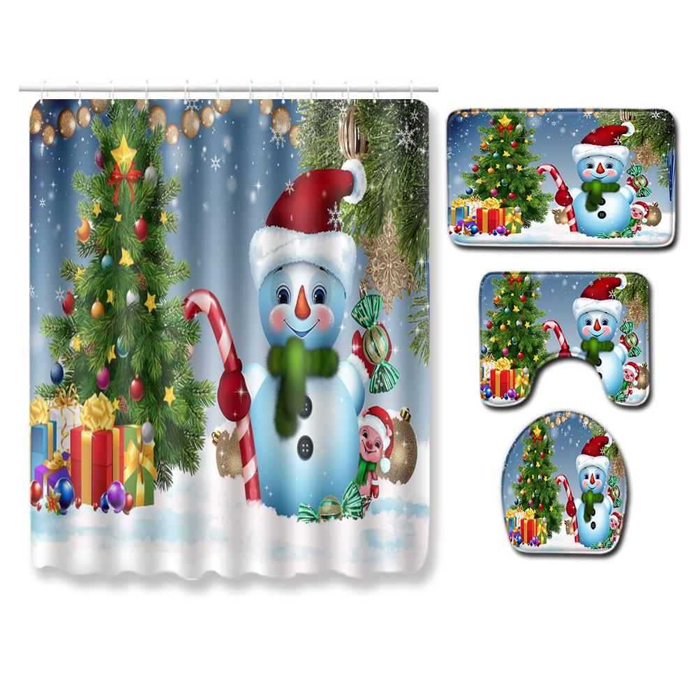Christmas Waterproof Shower Curtain Four-Piece Floor Mat Combination Bathroom Water-Absorbing Non-Slip Carpet Door Mat Foot Mat
