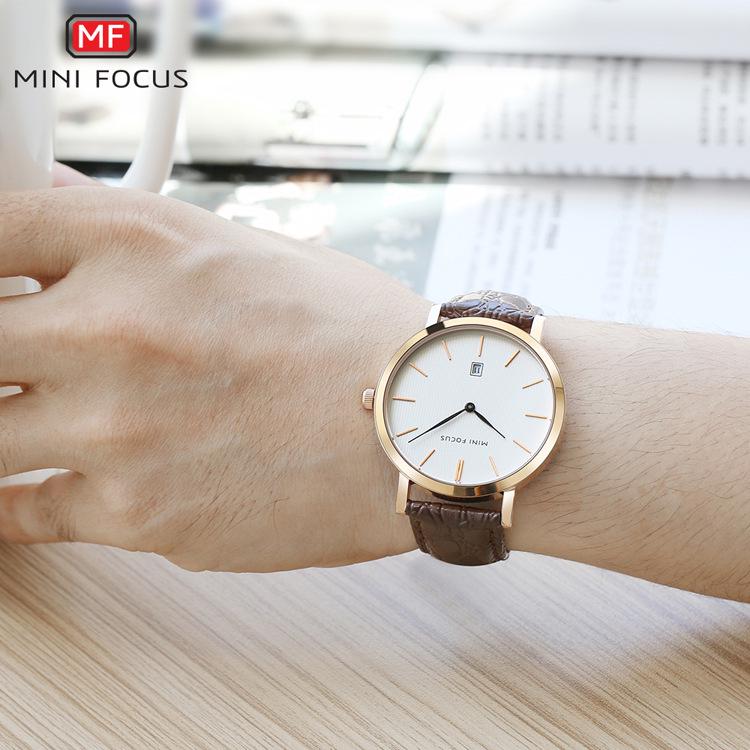 MINI FOCUS Простые мужские часы с календарем, водонепроницаемый кожаный ремешок, кварцевые часы, мужские кварцевые часы