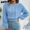 Women's Fashion Casual Solid Color Autumn Winter Long Sleeve Round Neck Slim Knitted Sweater with Twist Lantern Sleeves