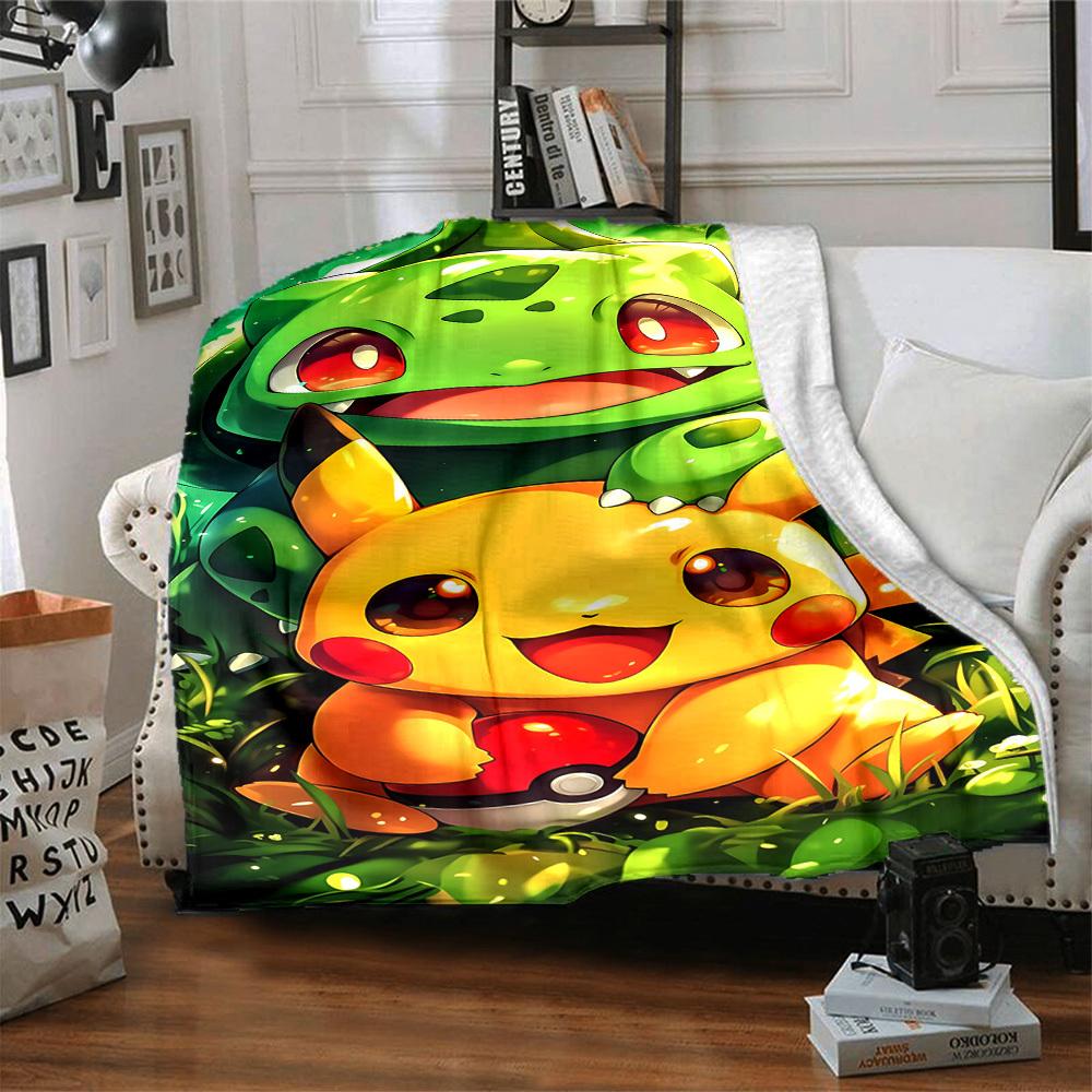 1pc Pikachu, Bulbasaur Flannel Blanket [Cozy Throw Blanket] For Sofa, Bed, Travel, Camping, Livingroom, Office, Couch, Chair, And Bed