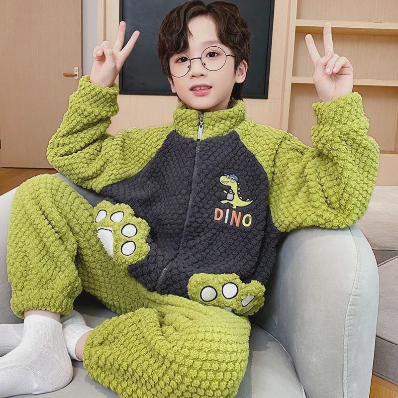 Autumn 2023 Boys Coral Fleece Pajamas - Velvet Flannel Winter Homewear for Kids