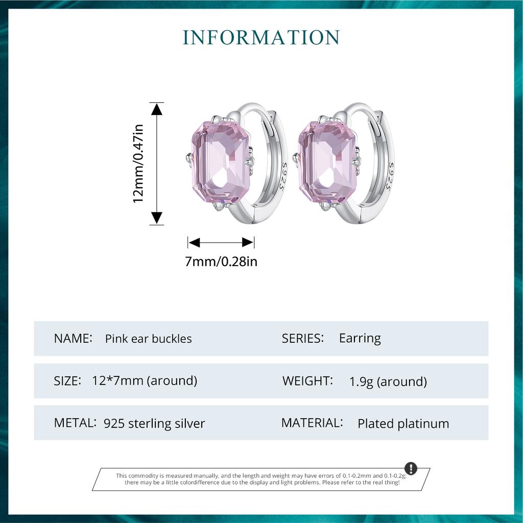 Bamoer 925 Sterling Silver Pink Square Gemstone Ear Buckles Sweet Hoop Earrings for Women Girls Original Design Fine Jewelry