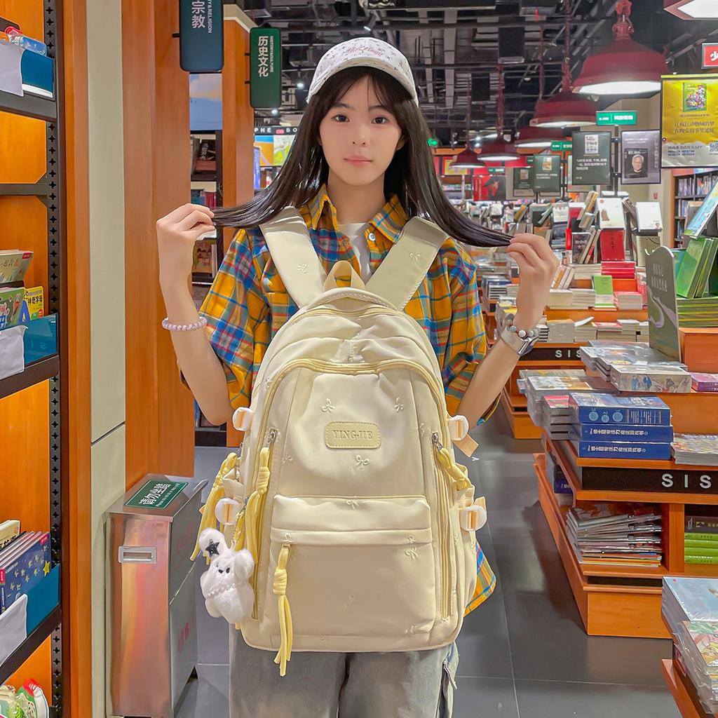 Schoolbag Student School Bag Female Junior High School Student Embroidery Sweet Solid Color Large Capacity High School Casual Backpack Elementary