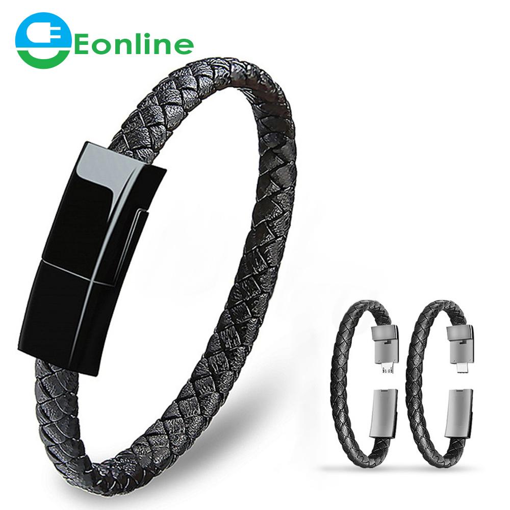 EONLINE 3A 3D Portable Leather PD Mini Micro USB Bracelet Super Fast Charger Data Charging Cable Sync for Android Type-C Phone