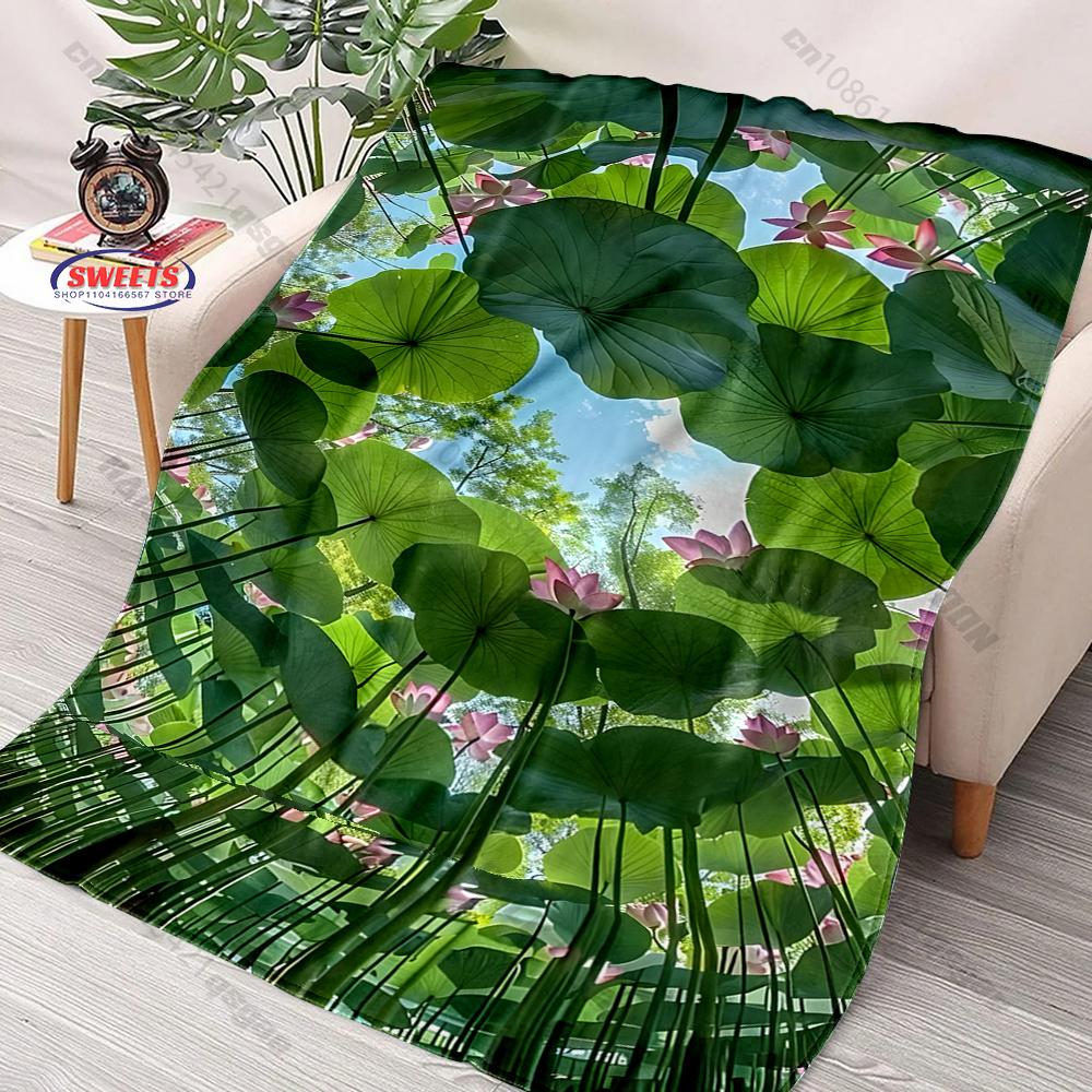 1PC Lotus Leaf Pattern Print Blanket Warm Soft and Comfortable Home Travel Blanket Sofa Bedding Cover Blankets Gift for Friends