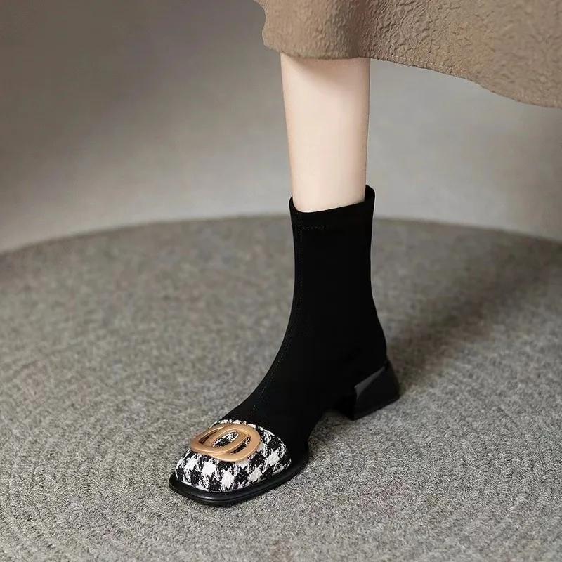 Модные женские полусапожки челси на среднем каблуке, массивные замшевые ботильоны, зимняя мода 2024, новые ботинки на молнии, туфли-лодочки для ходьбы, панк, теплые боты-носки