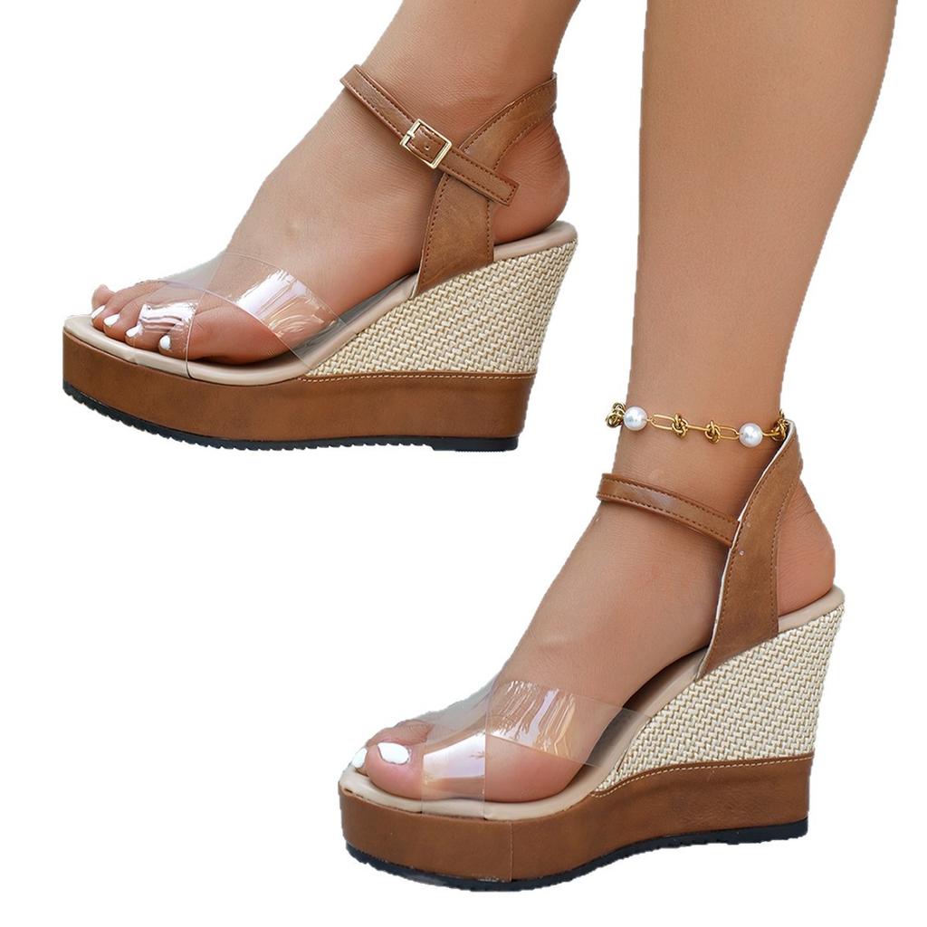 Босоножки на танкетке Летняя универсальная обувь с одним ремешком Повседневные босоножки на толстой подошве и высоком каблуке